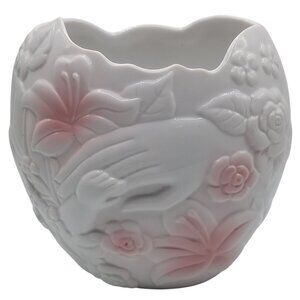 FTD Vase Ceramic Embossed Mother Baby Hands Floral Pink White Vintage Planter